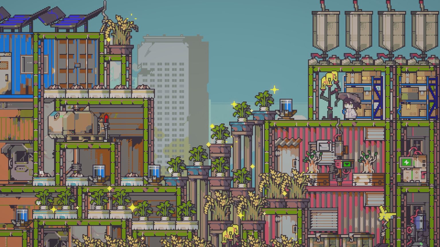 A vertical farm built from platforms in the wasteland of Doloc Town