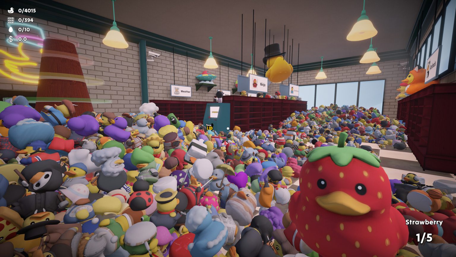 Shelves filled with colorful rubber ducks in Sort Them Ducks