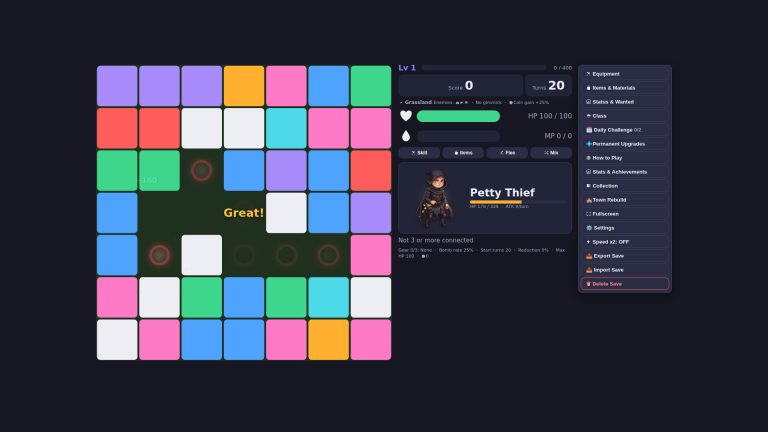 Seven-by-seven combat grid in Puzzle Loot