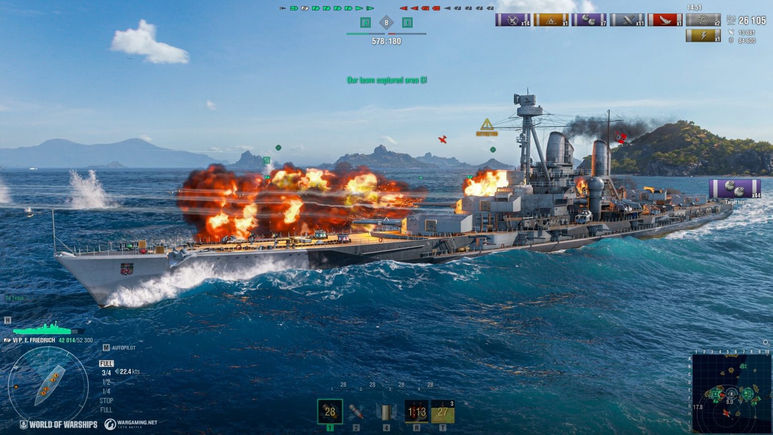 Warships exchanging fire across open water