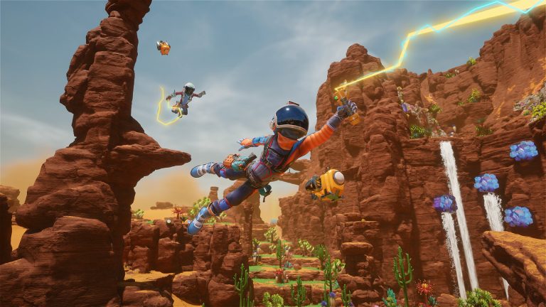 Two explorers crossing a colorful alien environment in Revenge of the Savage Planet