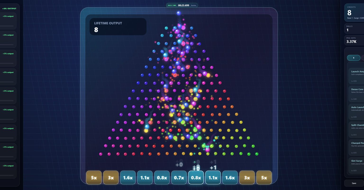 Neon balls cascading through a custom Peg Cascade board