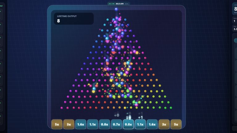 Neon balls cascading through a custom Peg Cascade board