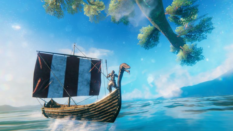 Vikings sailing through rough seas in Valheim