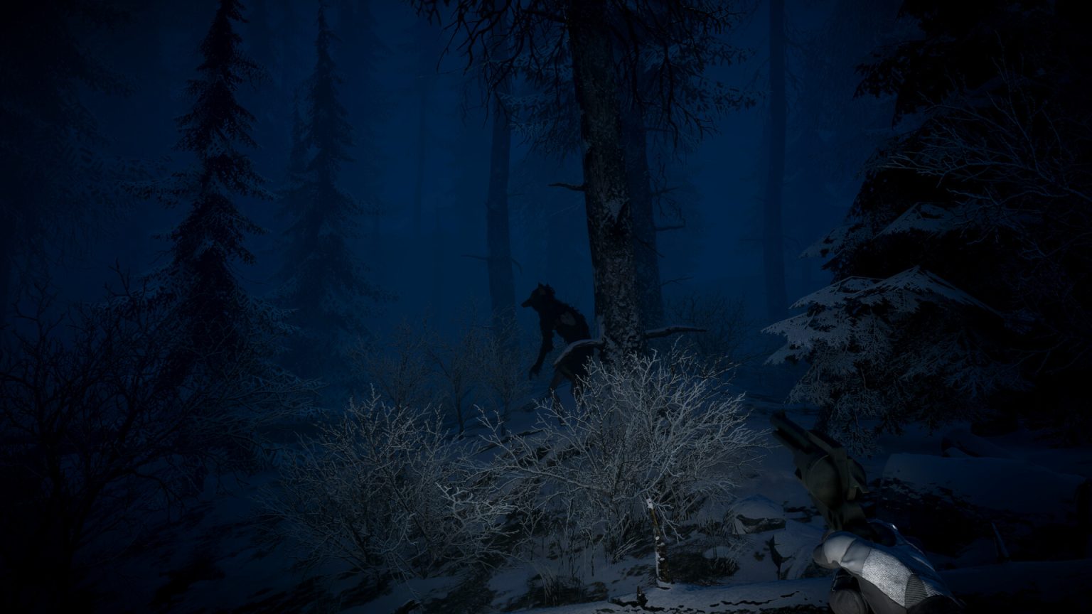 Armed fugitive facing a creature in the snowy forest of The Pale Mimic