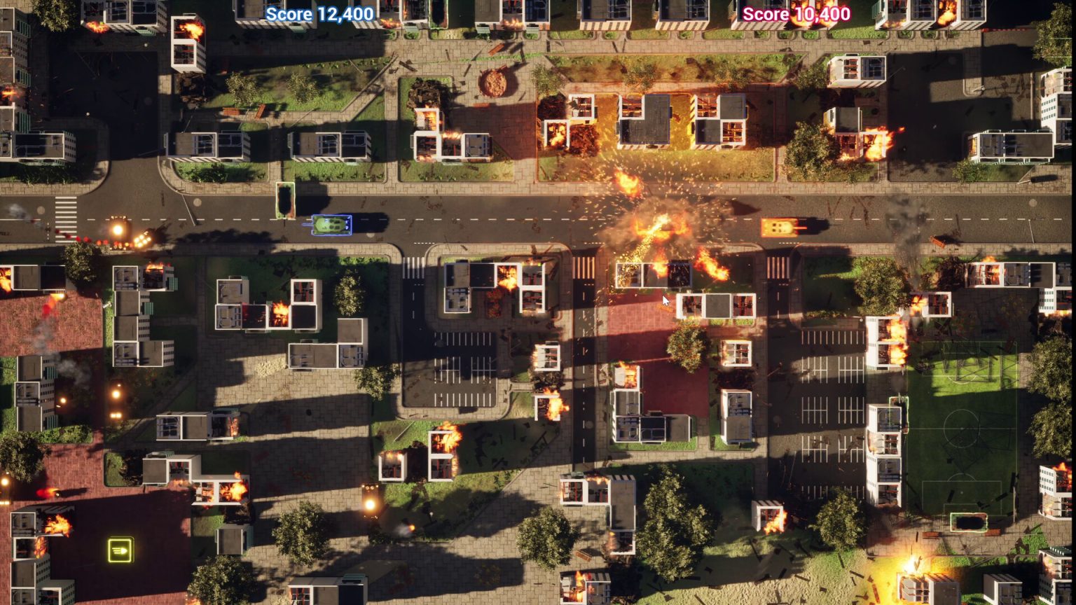 Top-down tanks fighting among buildings in Total Destruction