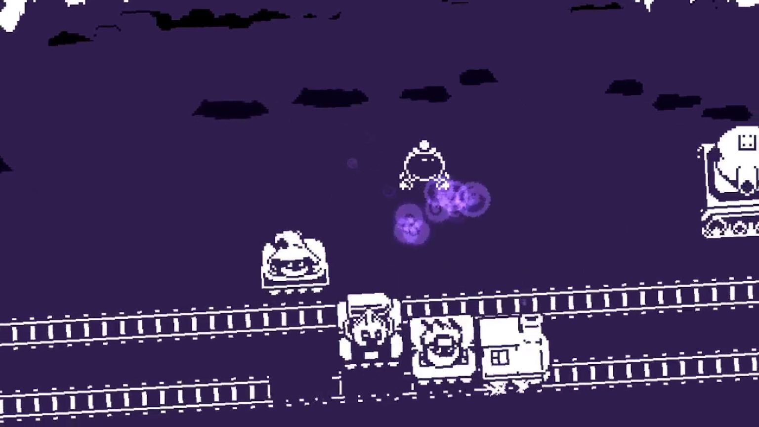 Heroes riding a train toward a boss in Enginehero