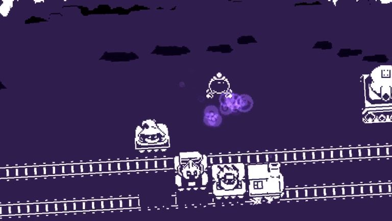 Heroes riding a train toward a boss in Enginehero