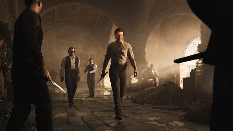 Characters standing in a sunlit Sicilian street in Mafia The Old Country