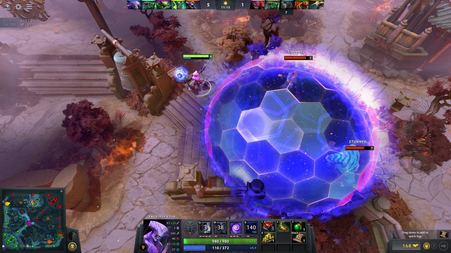 Dota 2 heroes gathering near a neutral objective