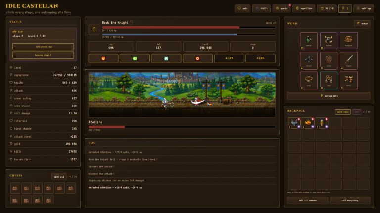 Knight equipment and progression panels in Idle Castellan