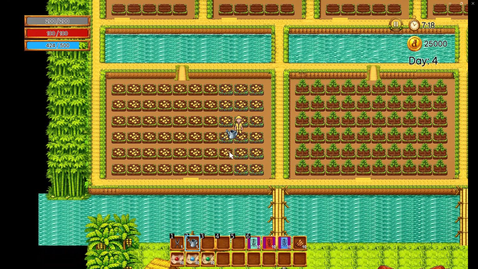 Farmer confronting a ghost in a pixel-art Mekong Delta village