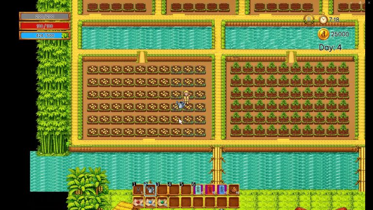 Farmer confronting a ghost in a pixel-art Mekong Delta village