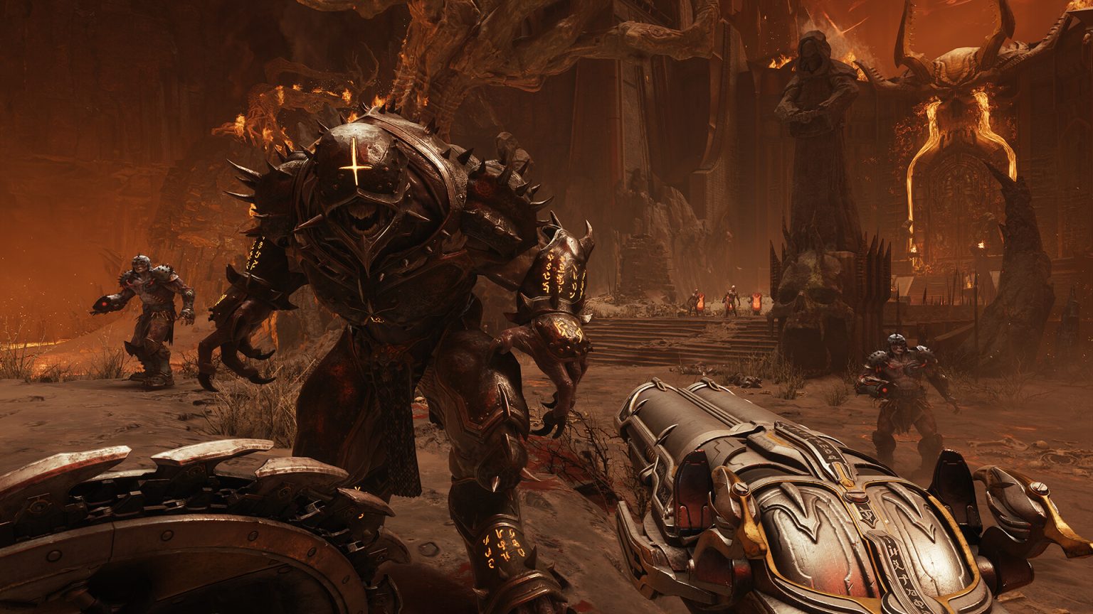 The Doom Slayer blocks demons with the Shield Saw in a medieval battlefield