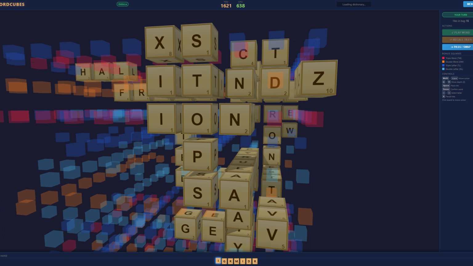 Letter tiles placed across the faces of a Word Cubes board