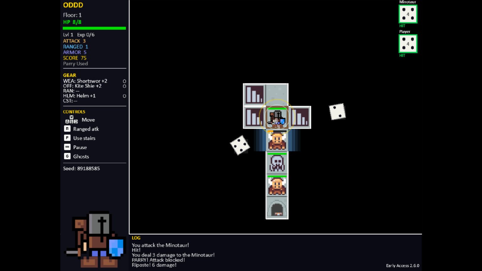 Armored hero exploring a dungeon in One Dice Dungeon Delve