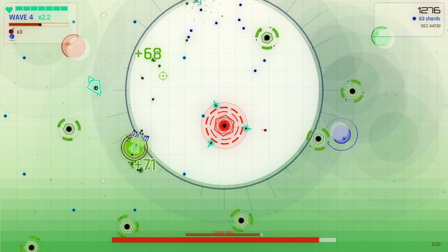 Neon ship dodging projectiles in the NEON SURGE arena