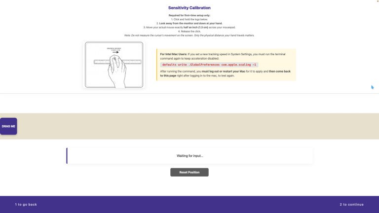 Mouse sensitivity calibration screen in Intend System