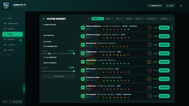 Football club management screen in Master Foot
