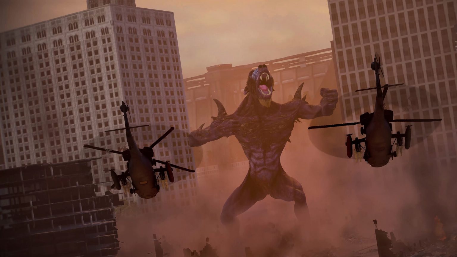 Kaiju and military vehicles battling in a destructible BeastLink city