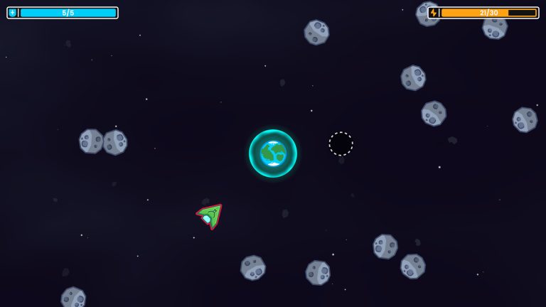 Ship destroying asteroids in the solar defense game Cosmic Crusher