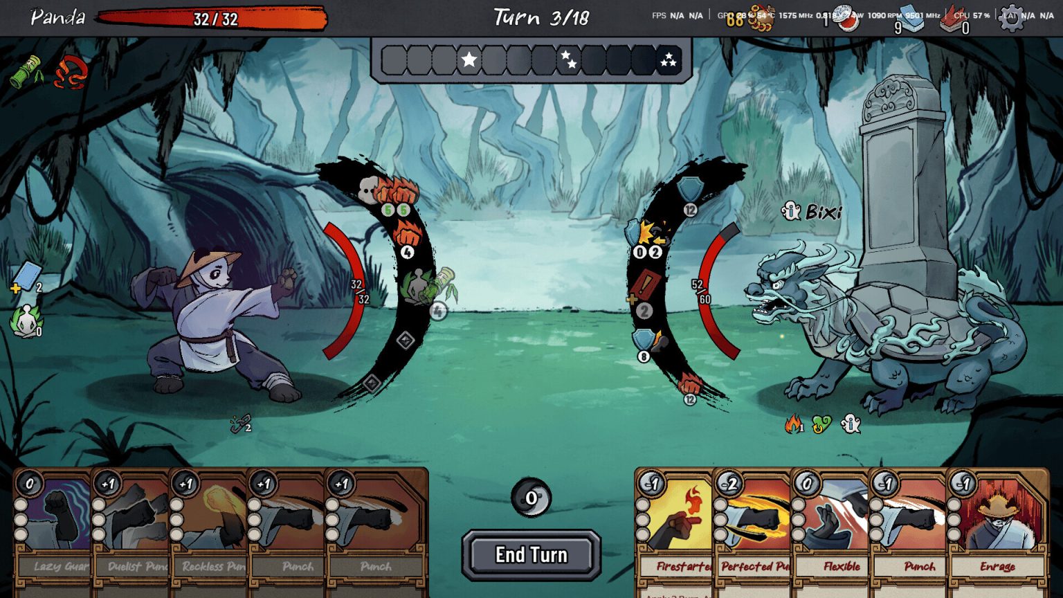 Panda fighting a mythic enemy with cards in Zodiac Mountain