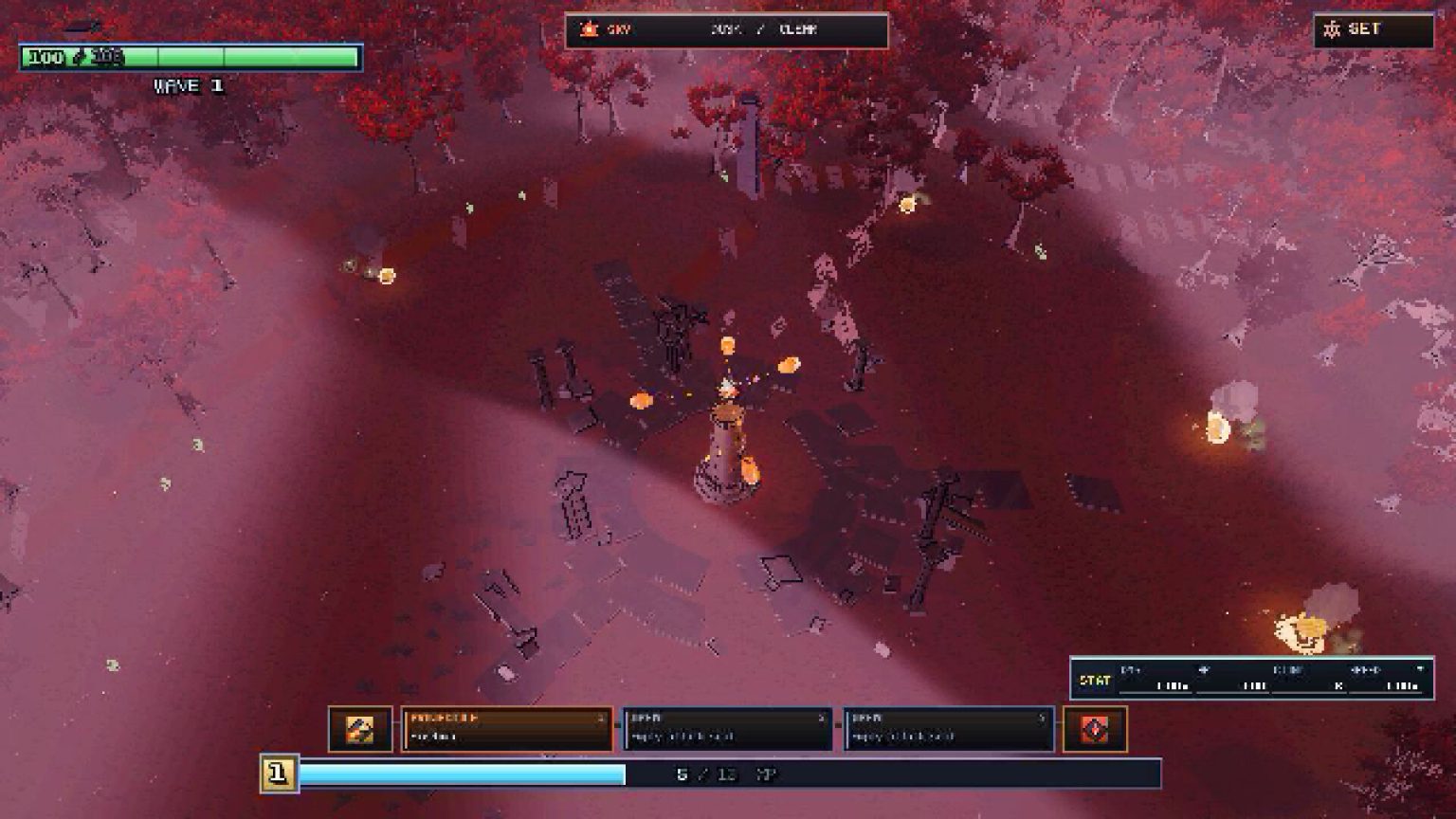 Crystal tower firing elemental attacks at surrounding hordes in Tower64