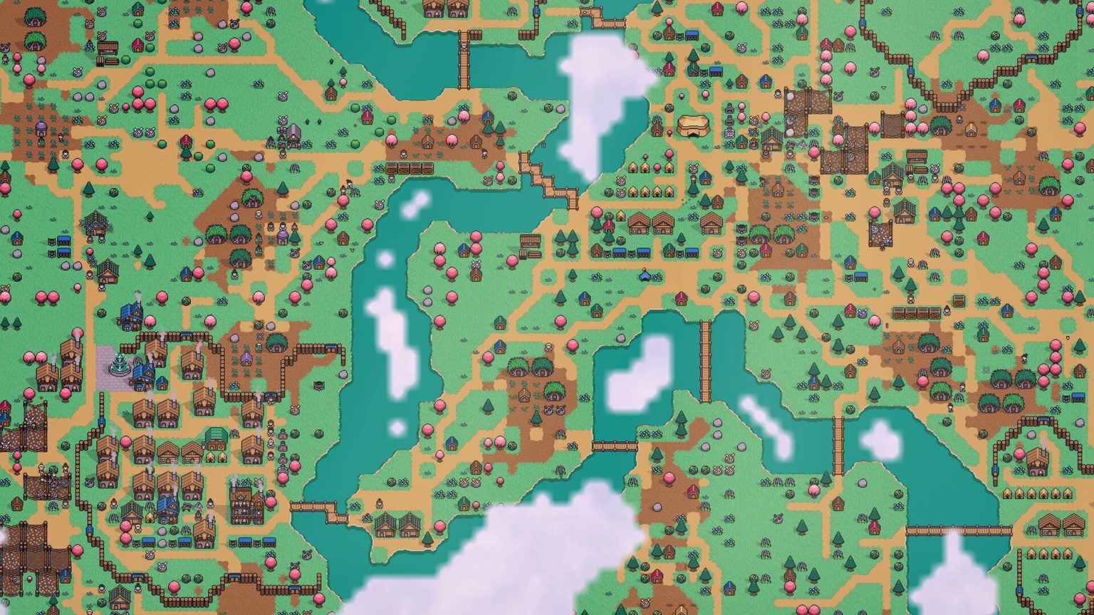 Growing settlement surrounded by unexplored terrain in Settlers Domain