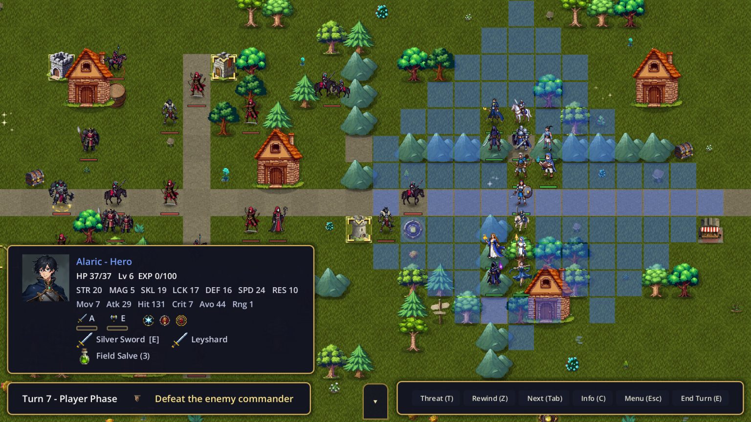 Named heroes positioned on the tactical grid in Verlicia Saga