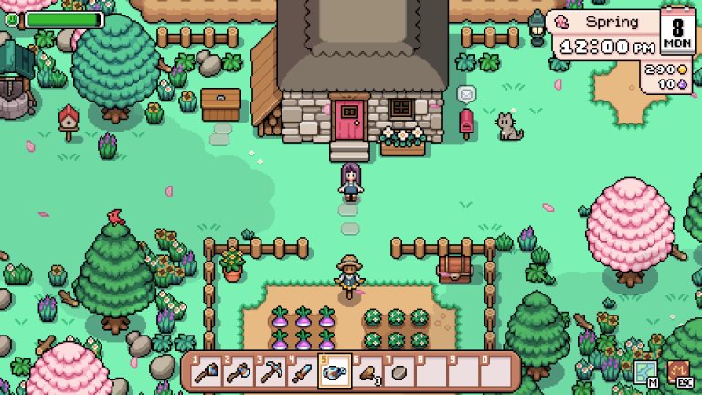 A farm and villagers in the pixel-art world of Fields of Mistria