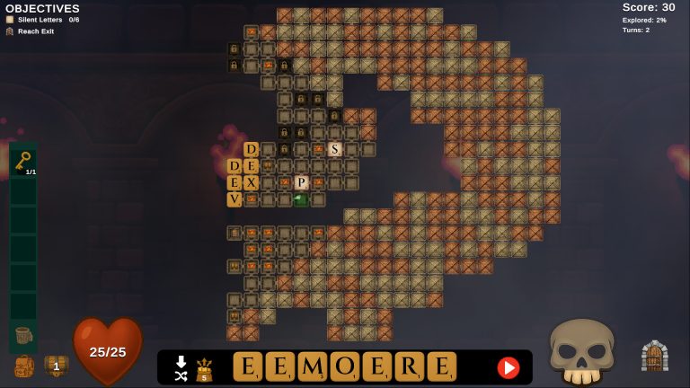 Letters forming a route through the dungeon grid in Wordforge