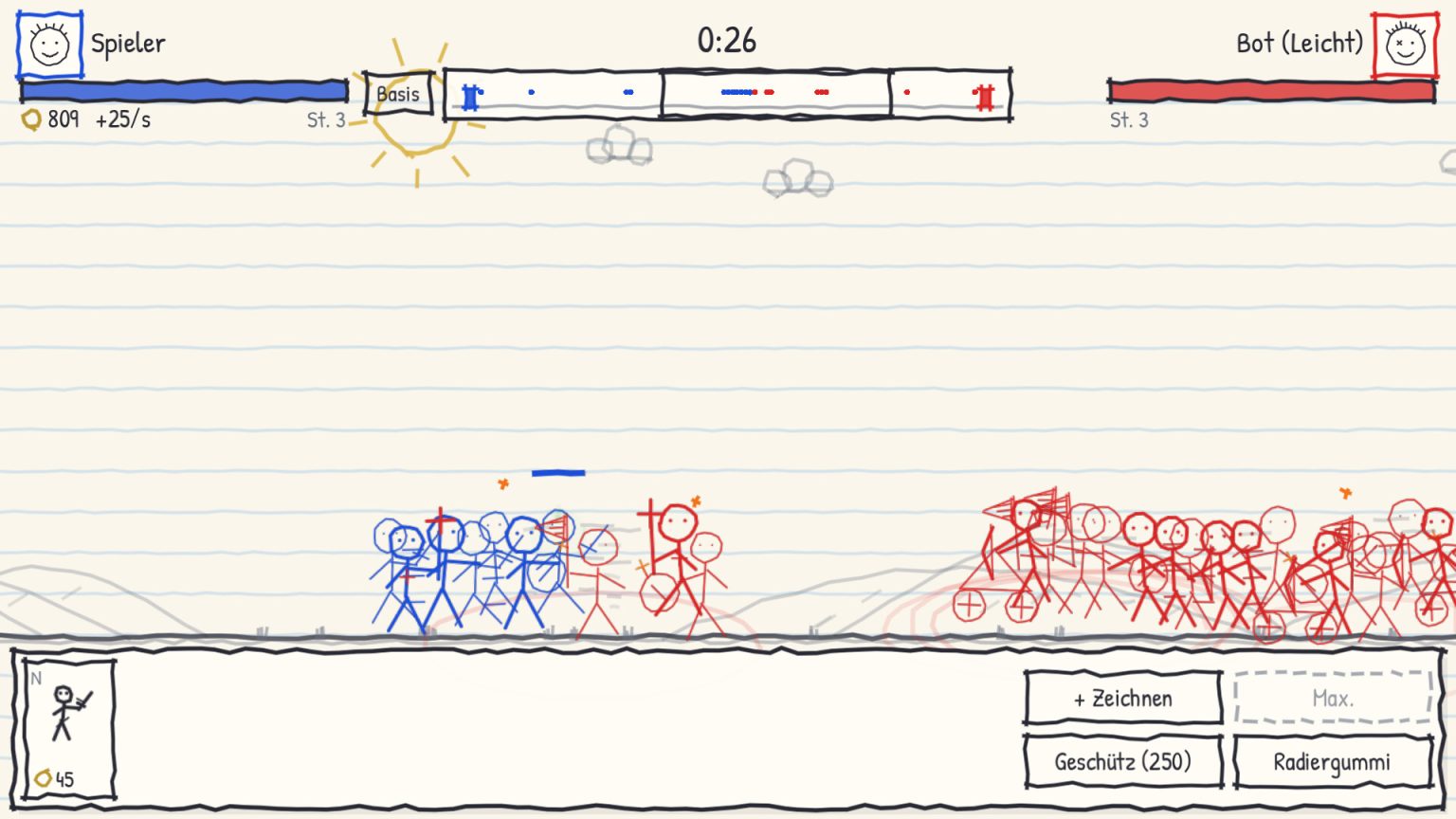 Hand-drawn armies fighting across squared notebook paper