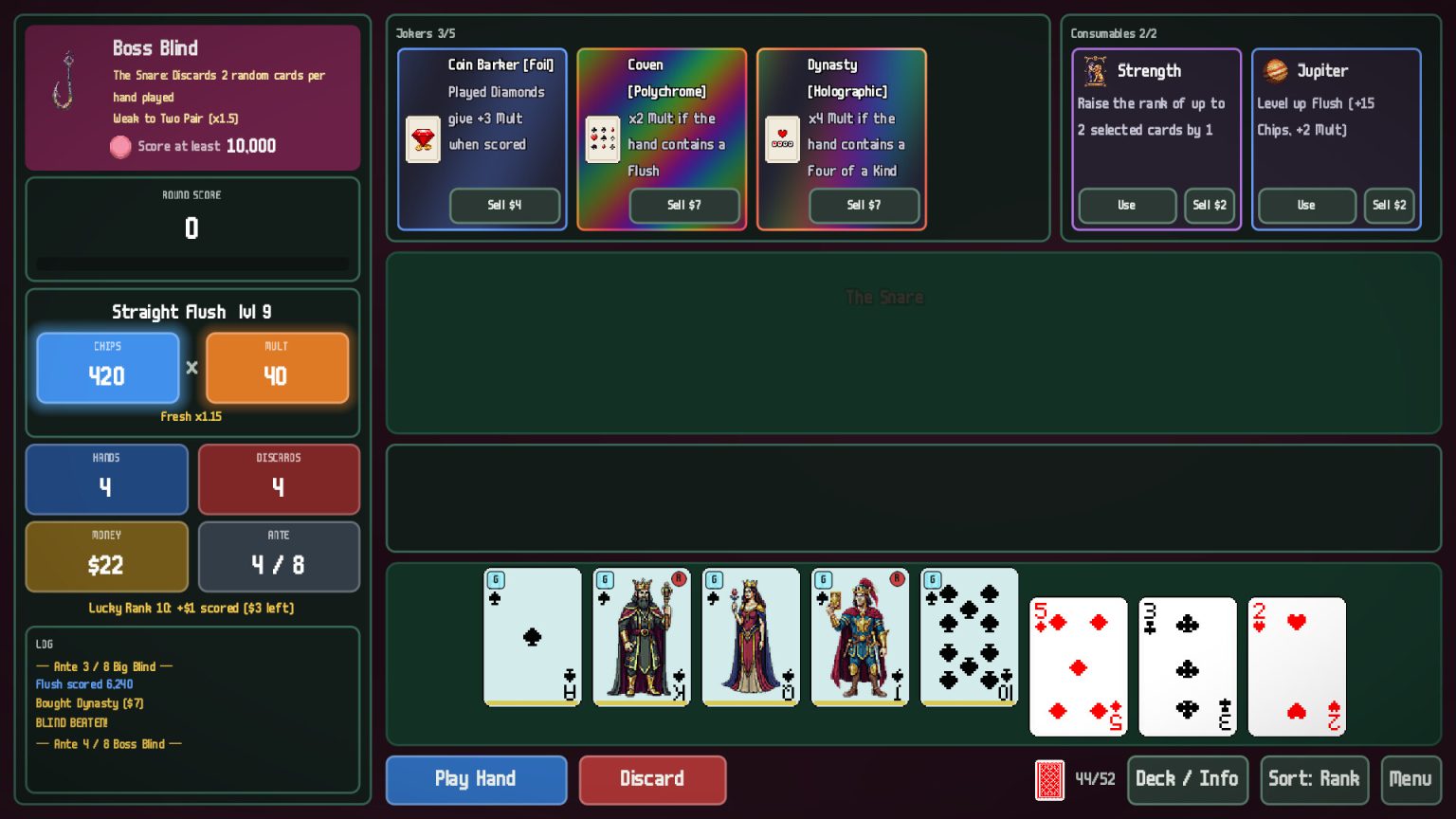 Poker cards and scoring jokers during a run in Bagatto