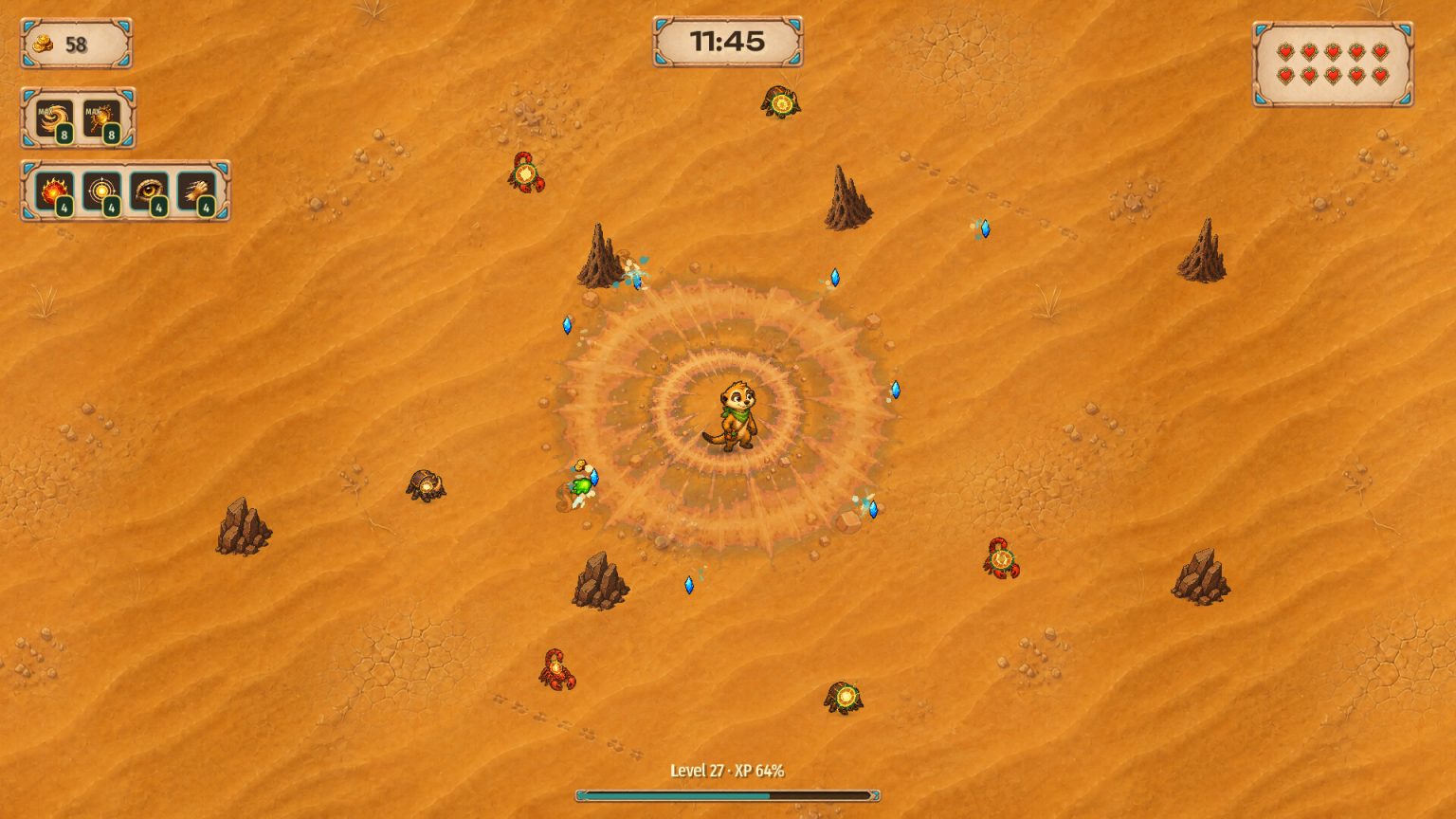 Meerkat caravan hero fighting a colorful enemy wave in Tail and Chaos