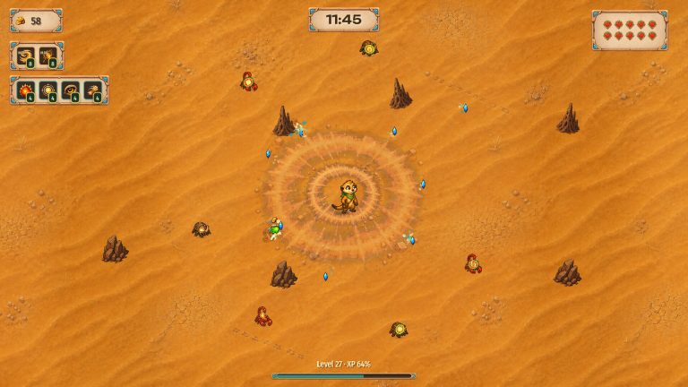 Meerkat caravan hero fighting a colorful enemy wave in Tail and Chaos