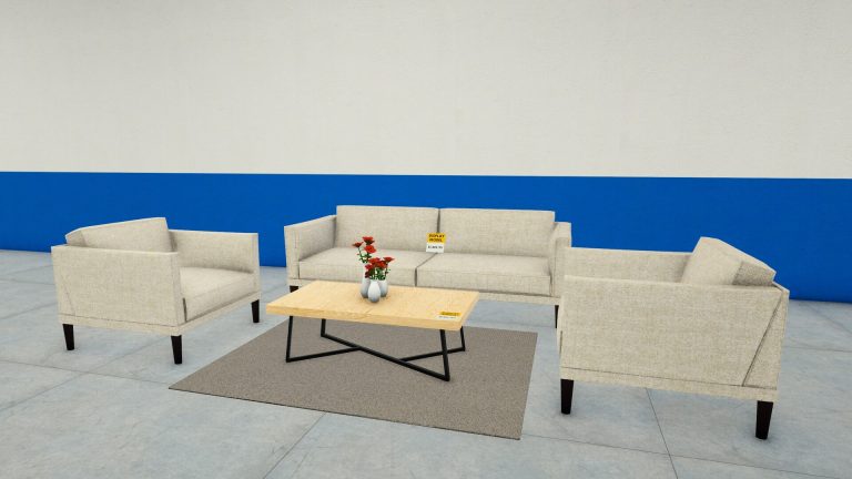 Sofas and a coffee table displayed for sale in Home Store Simulator