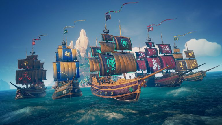 Pirates sailing a ship through dangerous waters in Sea of Thieves