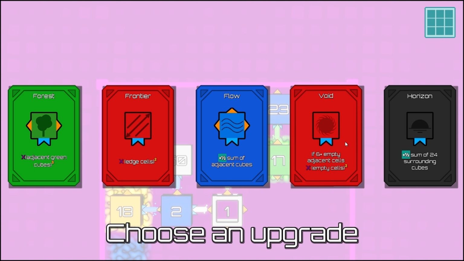 Cube cards and upgrade choices displayed in Platon cubed