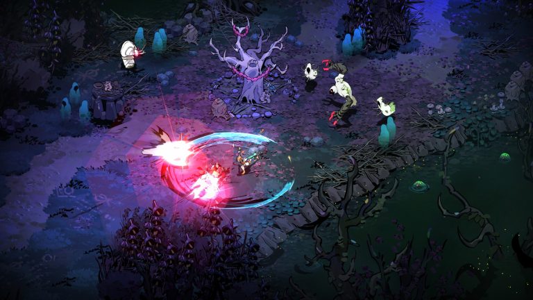 Melinoë fights enemies with witchcraft in a moonlit chamber in Hades II