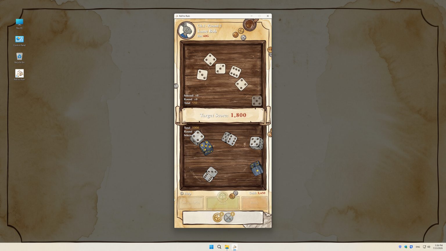 Dice and medieval tavern interface in Roll to Ruin