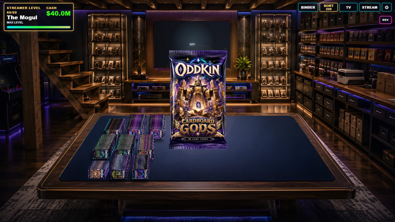 Card pack opening stream setup in Rip N Ship Simulator