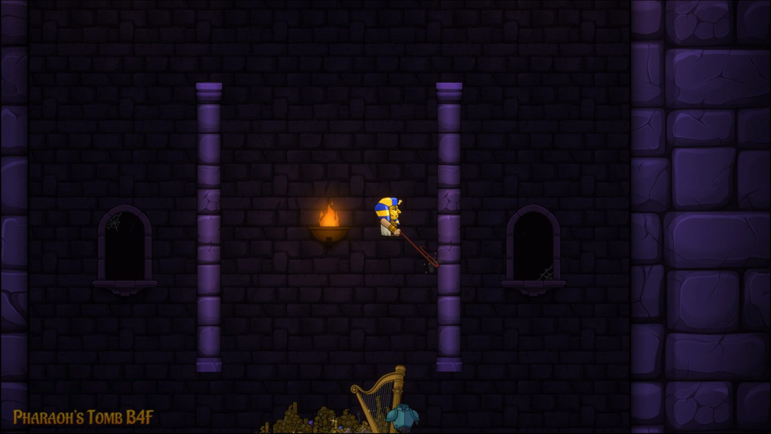 Legless pharaoh climbing the pyramid with a whip in Anubis